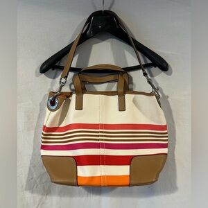 Coach Multicolor Striped Tote with Tan Leather NWOT